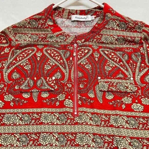 Ninedaily 3/4 Sleeve Blouse Women's Large Red Tan Paisley 1/2 Zip Casual Tunic - Picture 6 of 6
